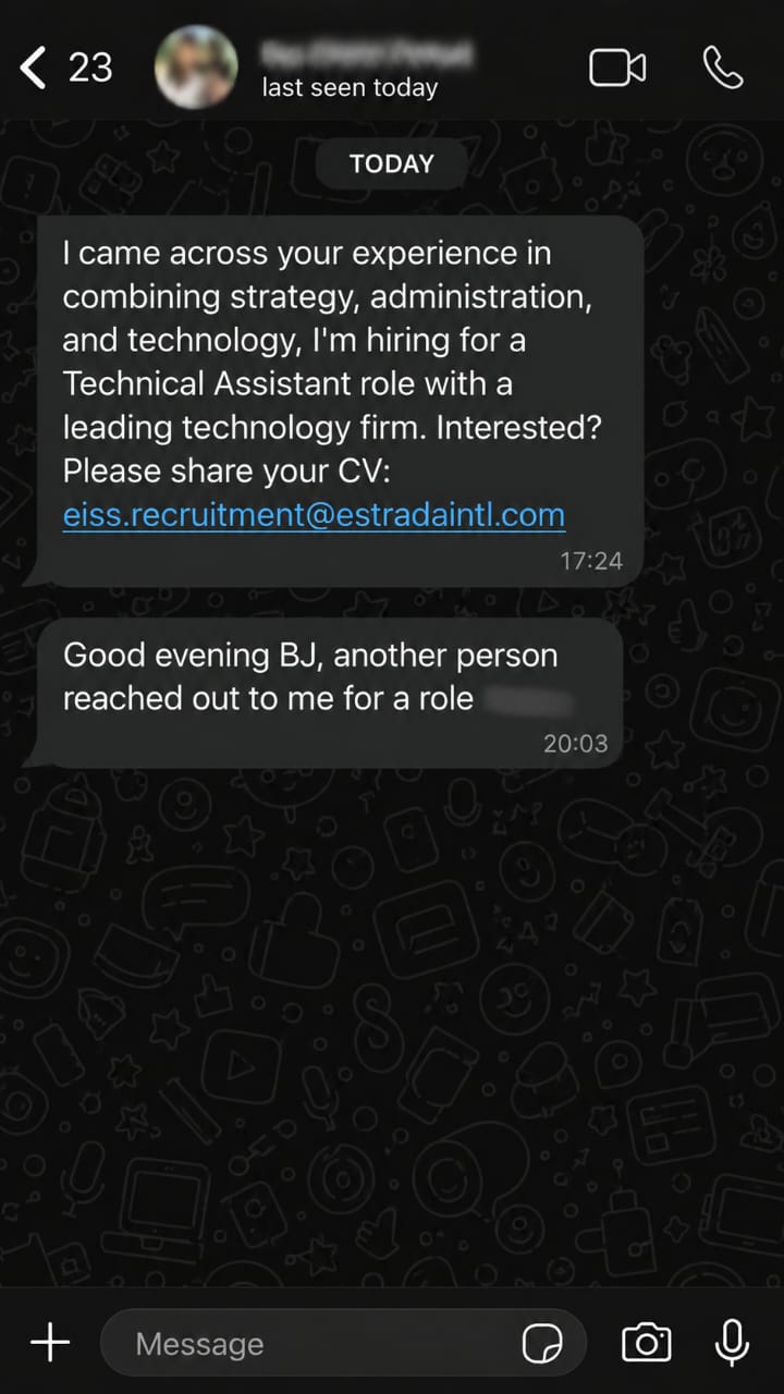 Recruiter outreach message about a Technical Assistant role