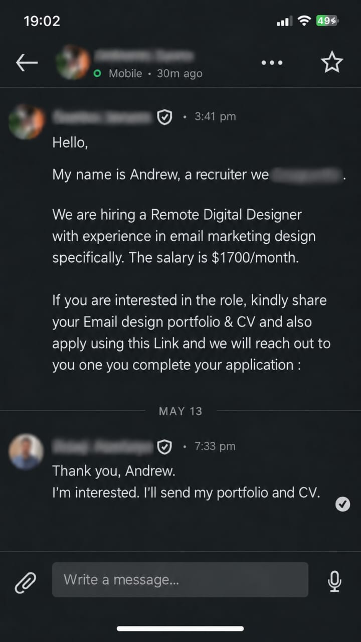 Recruiter message offering a remote digital designer role