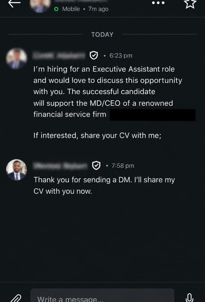 Recruiter message hiring for an Executive Assistant role supporting an MD/CEO