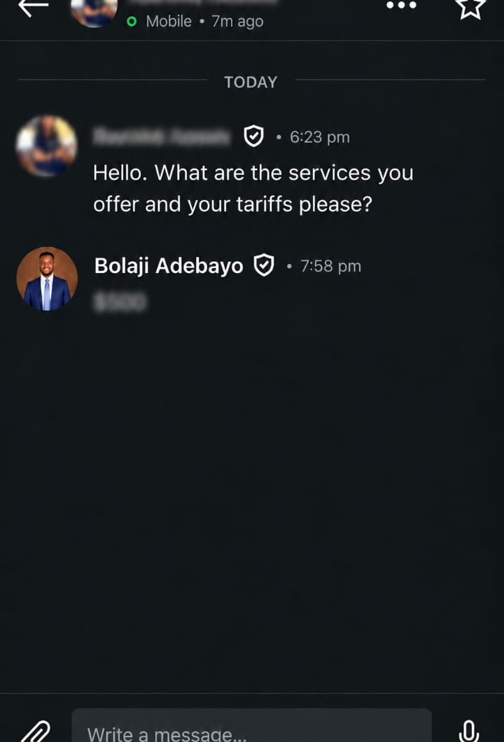 LinkedIn message from a prospect asking about services and tariffs